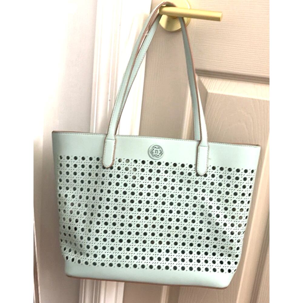 Nanette Lepore Hess Perforated Tote Bag Surf Spray Mint Green Laser Cut Eyelet